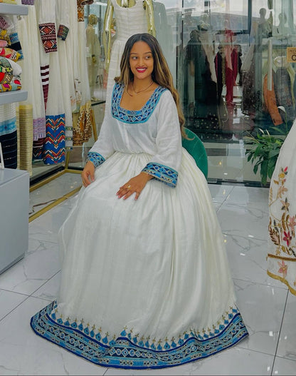 Traditional Ethiopian Dress with Blue Embroidery Habesha Kemis