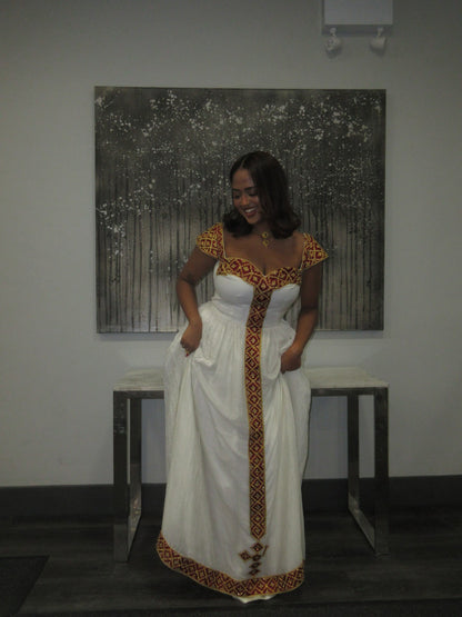 Golden and Red Short Sleeve Habesha Kemis with Cultural Embroidery