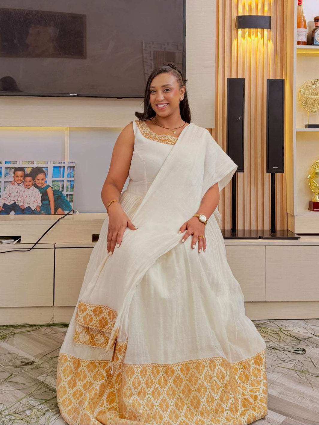 Sleeveless Golden Woven Habesha Dress Ethiopian Traditional Clothing