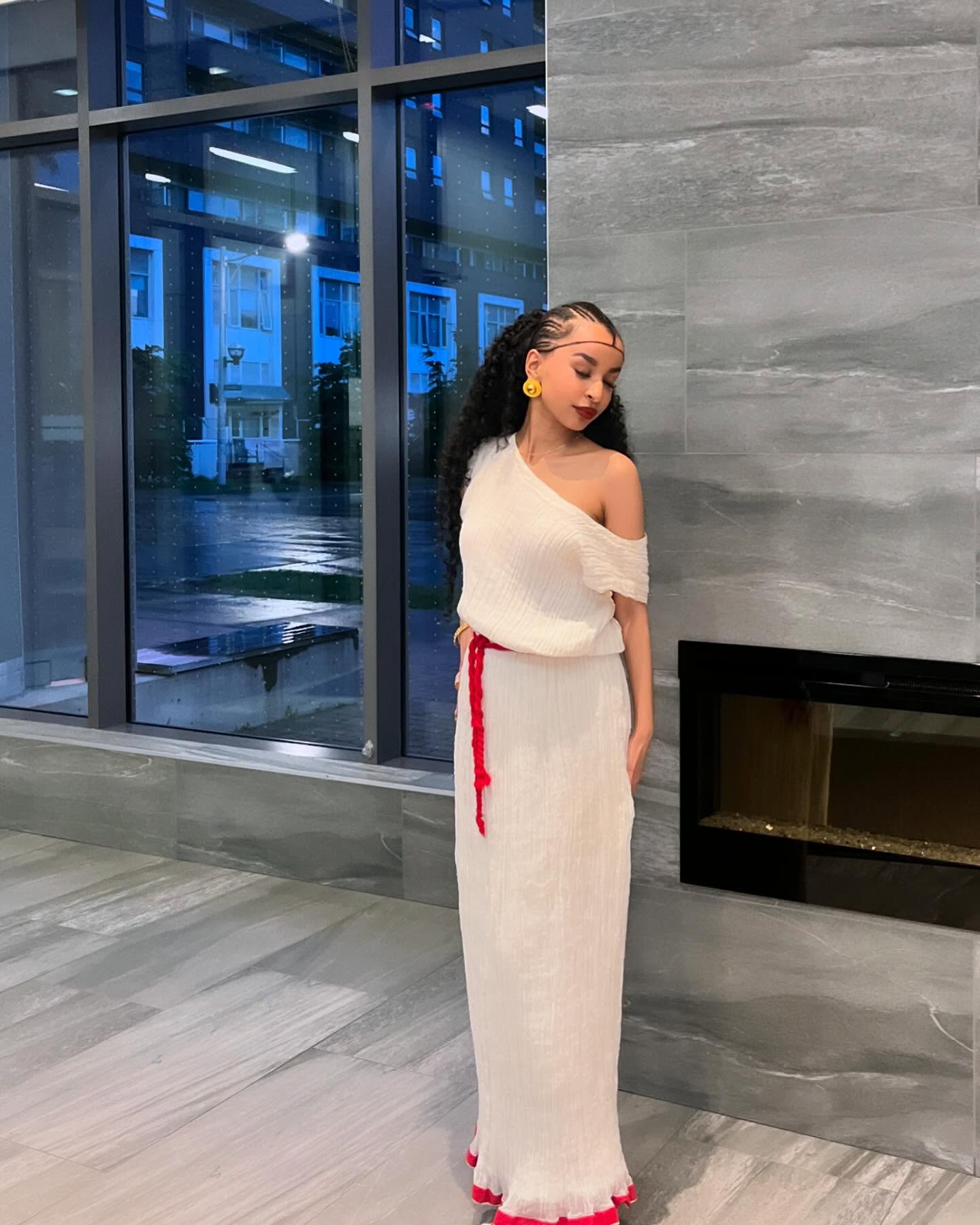 White Habesha Kemis with Red Hem Stylish Habesha Dress Traditional Ethiopian Dress 500
