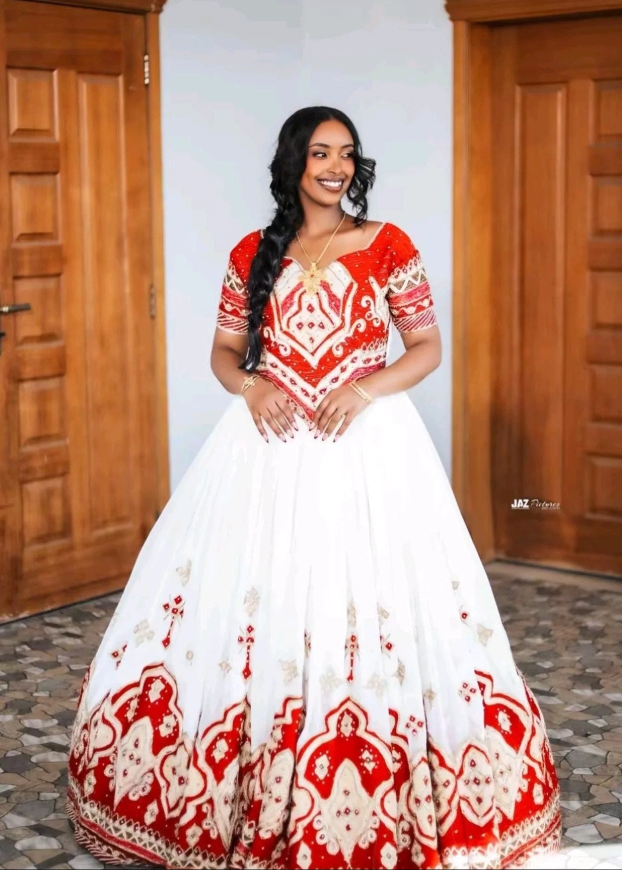 Red Embroidery Habesha Kemis Ethiopian Wedding Dress