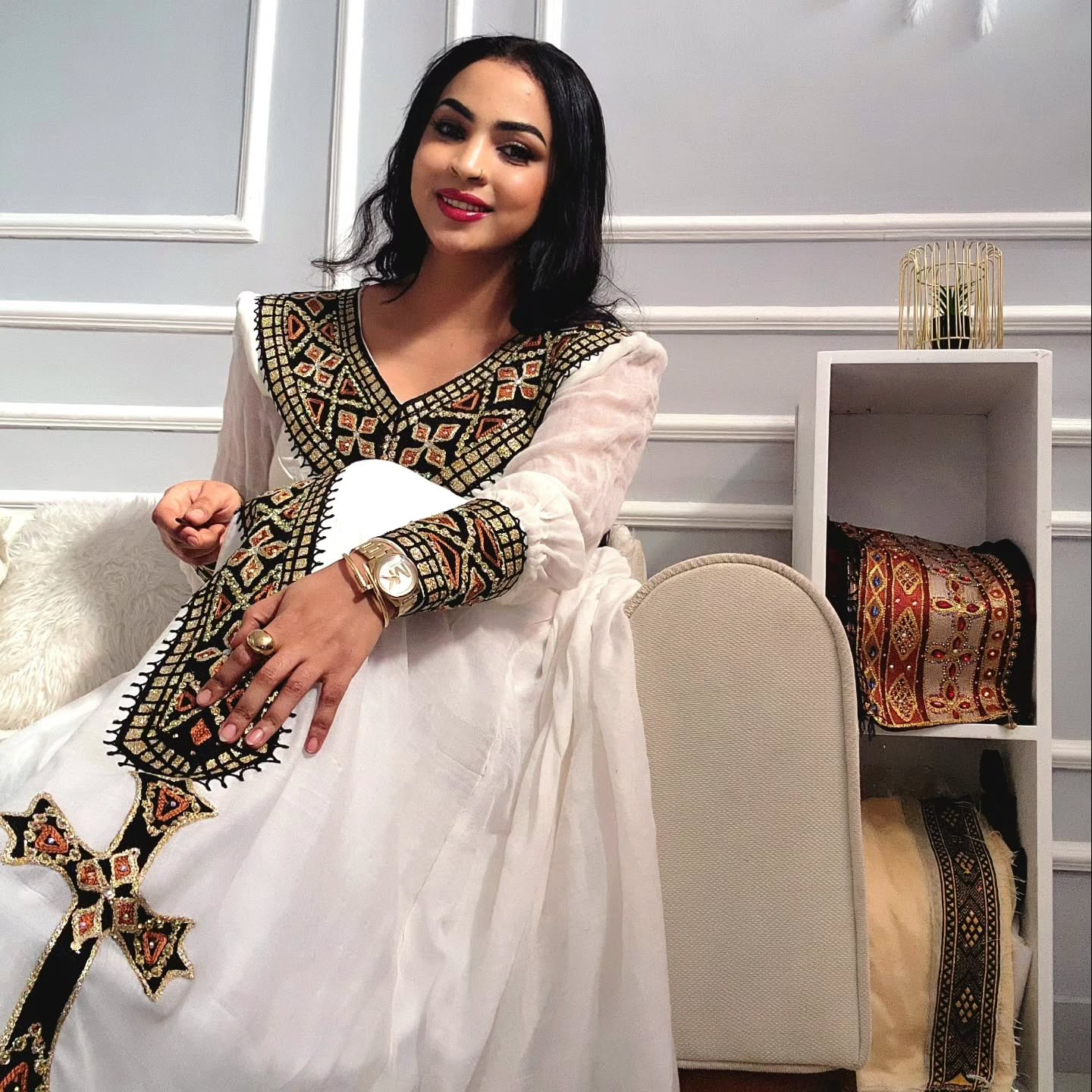 Golden & Black Habesha Dress with Long Sleeves Ethiopian Traditional Style