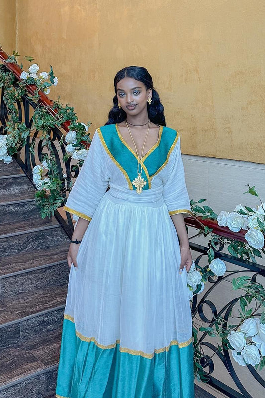 V-Neckline Golden and Green Habesha Kemis