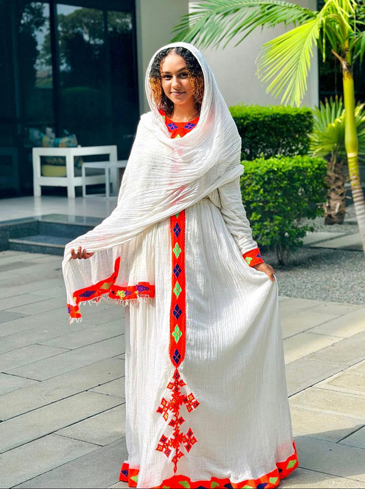Red Embroidery Habesha Dress Long Sleeve Habesha Kemis