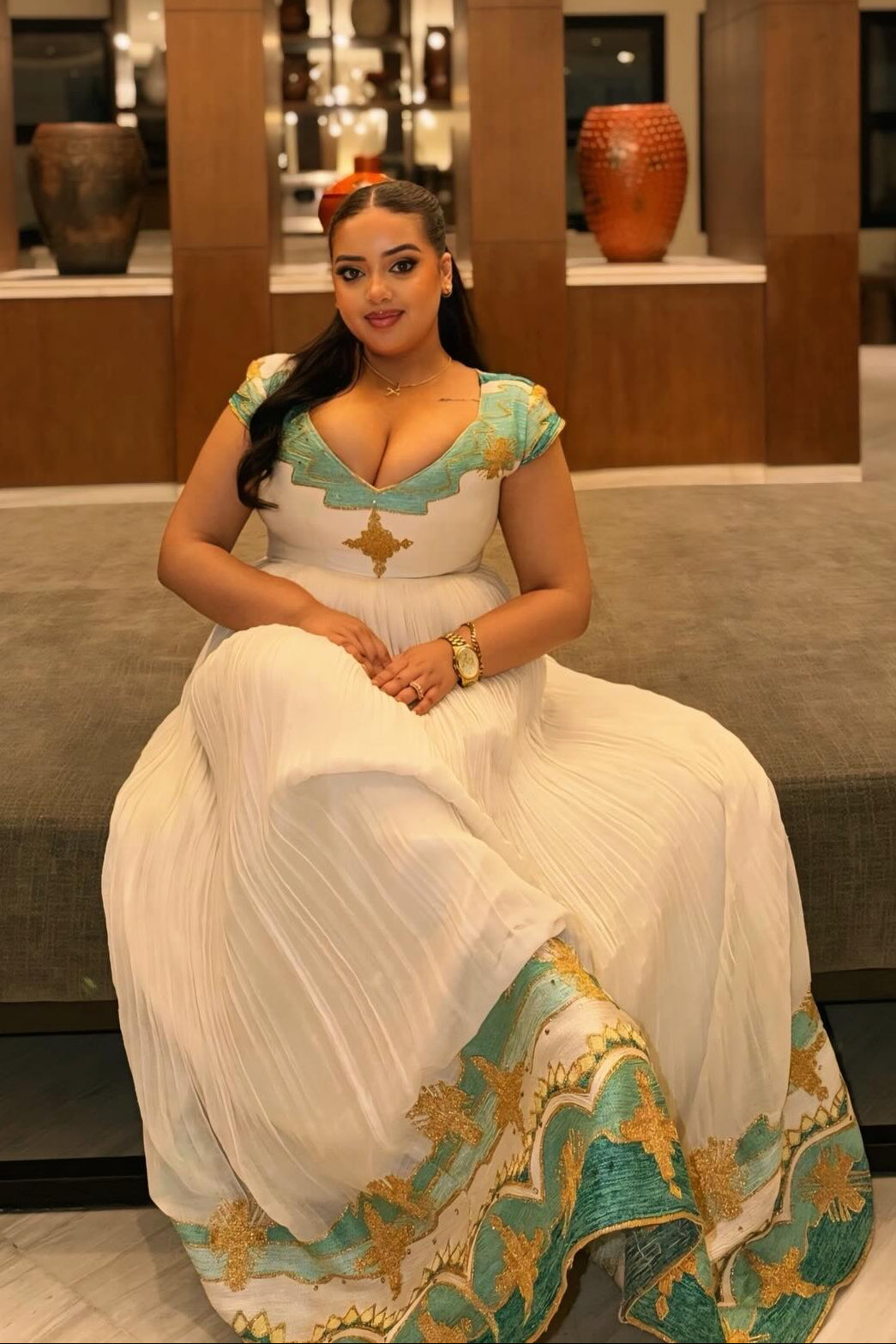 Short Sleeve Habesha Kemis with Traditional Cross Stitch