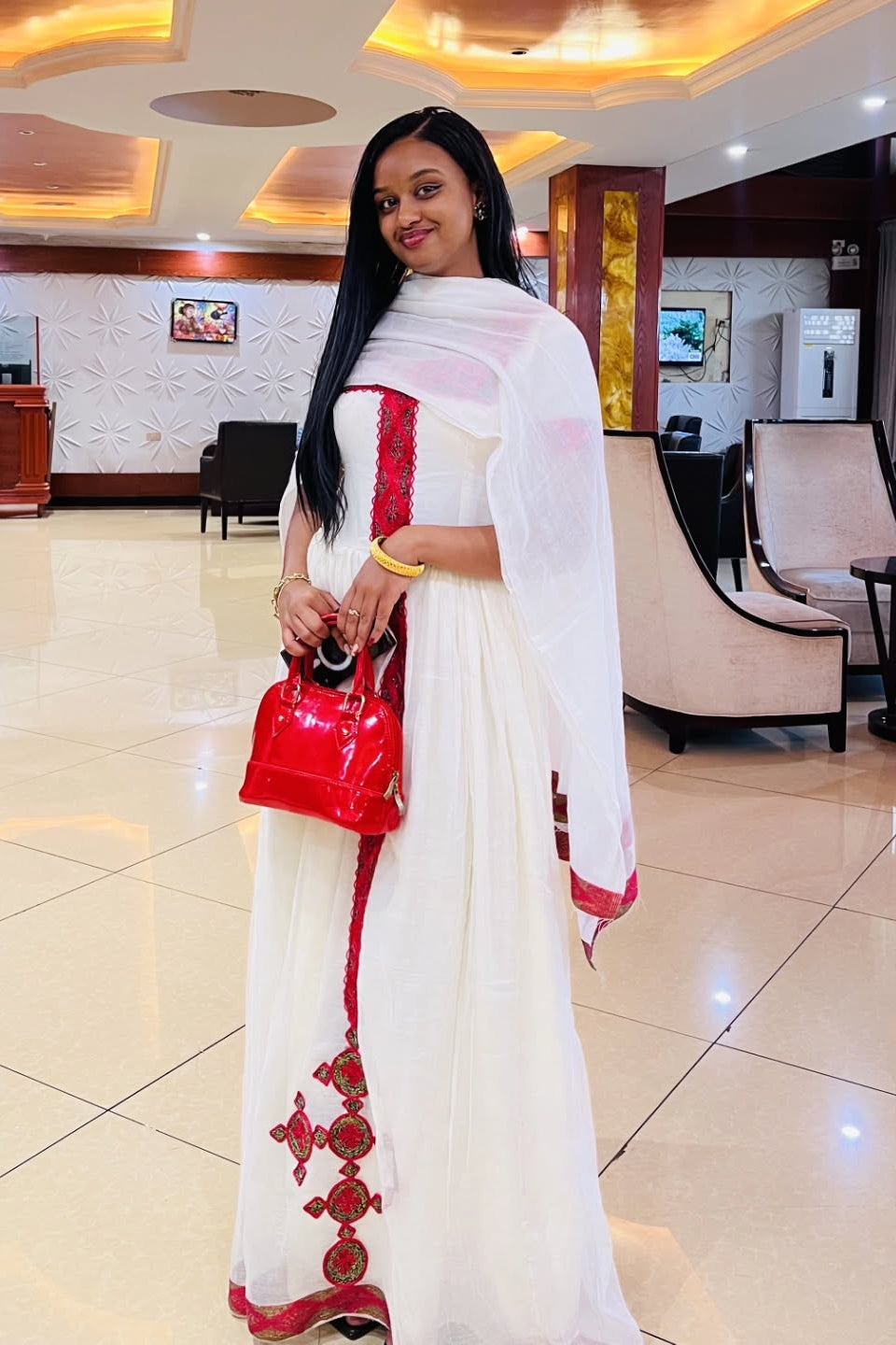 Habesha Kemis with Red Embroidery Traditional Ethiopian Dress