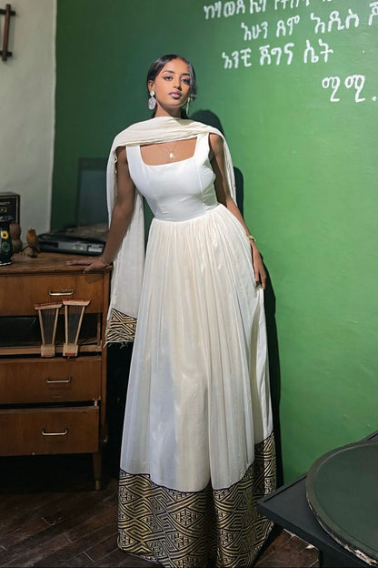 Handwoven Sleeveless Habesha Dress with Elegant Traditional Detail