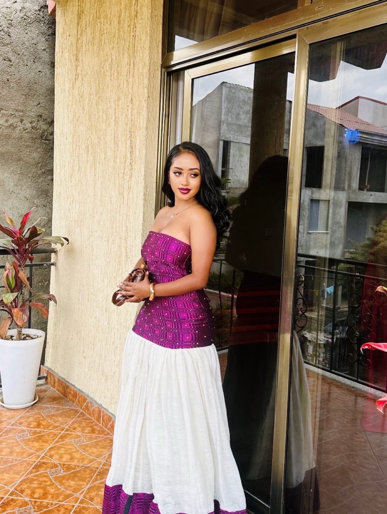 Habesha Dress Style in Purple Habesha Kemis for Cultural Celebrations Strapless Ethiopian Clothing 548