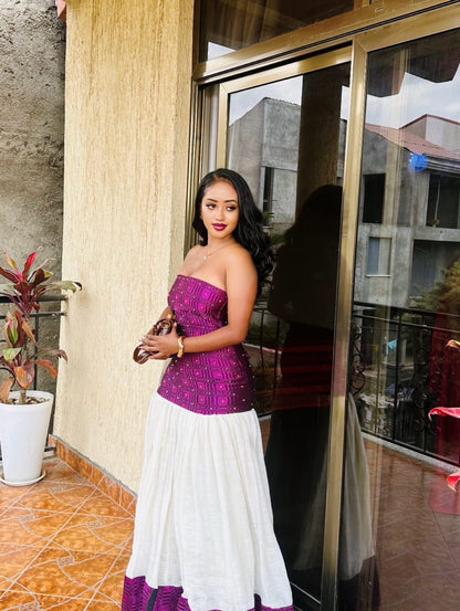 Habesha Dress Style in Purple Habesha Kemis for Cultural Celebrations Strapless Ethiopian Clothing 548
