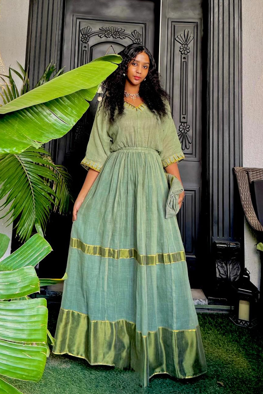 Green Habesha Dress Traditional Ethiopian & Eritrean Clothing