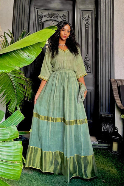 Green Habesha Dress Traditional Ethiopian & Eritrean Clothing