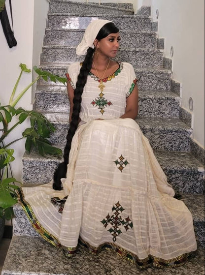 White Habesha Kemis Cross Embroidery Traditional Ethiopian Dress