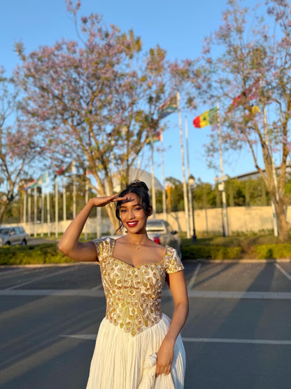 White Habesha Kemis with Gold Embroidered Bodice Habesha Dress For Festive Short Sleeve Ethiopian Dress 573