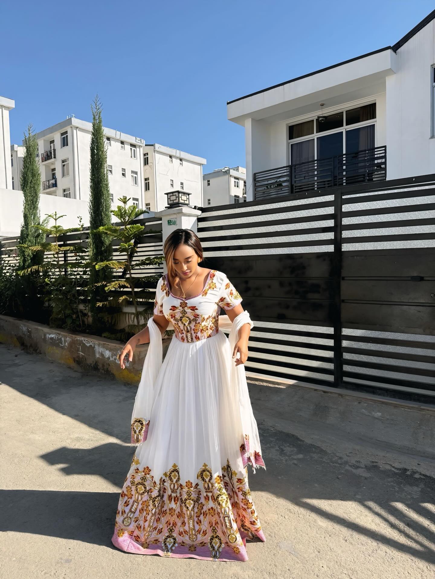 Traditional Ethiopian Clothing Habesha Kemis With Pink Accent and Gold Detail Stylish Habesha Dress 574