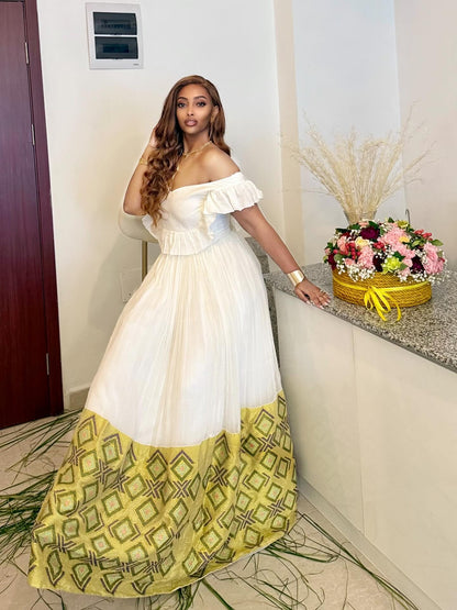 White Off-Shoulder Habesha Kemis Yellow Woven Hem Habesha Dress Vibrant Ethiopian Clothing 575