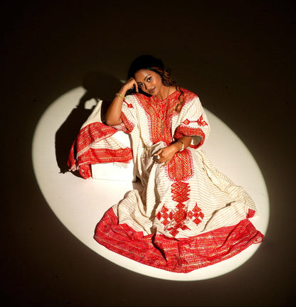 Timeless Habesha Kemis with Red Embroidery Traditional Ethiopian Dress