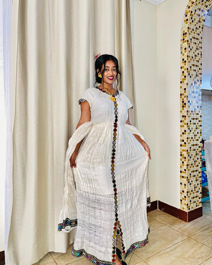 Multicolor Embroidery Habesha Kemis Short Sleeve Ethiopian Traditional Clothing Simple Pattern Habesha Dress 586