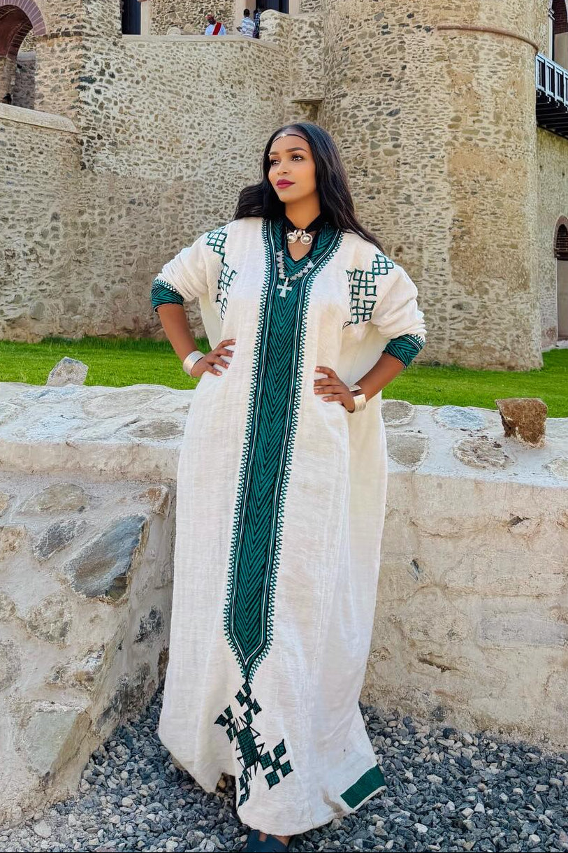 Green Embroidery Habesha Kemis Ethiopian Traditional Dress