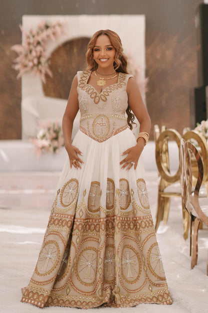 Sleeveless Ethiopian Wedding Habesha Dress with Golden Embroidery