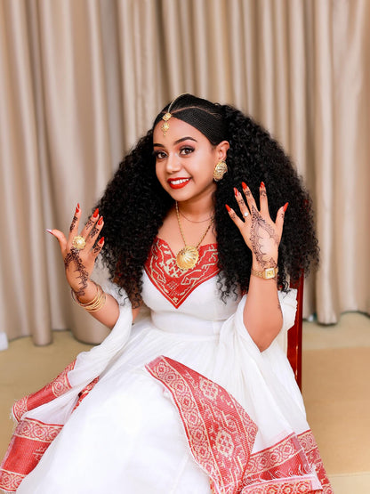 Traditional Ethiopian Wedding Dress Habesha Kemis with Red Woven Embroidery Handmade Habesha Dress 621