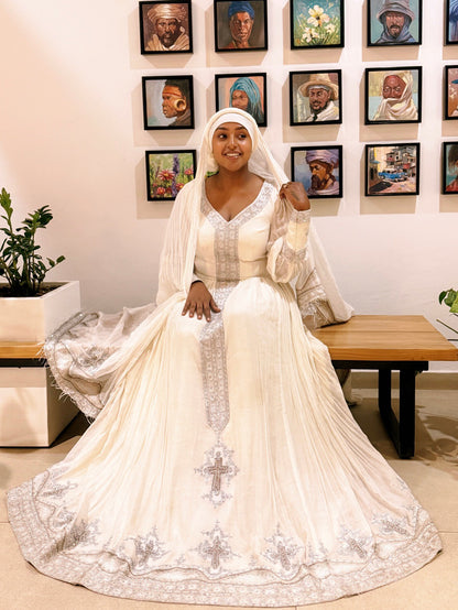White Habesha Kemis with Cross Embroidery