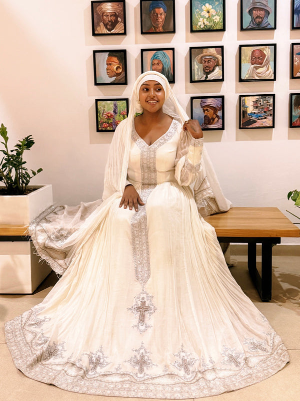 White Habesha Kemis with Cross Embroidery