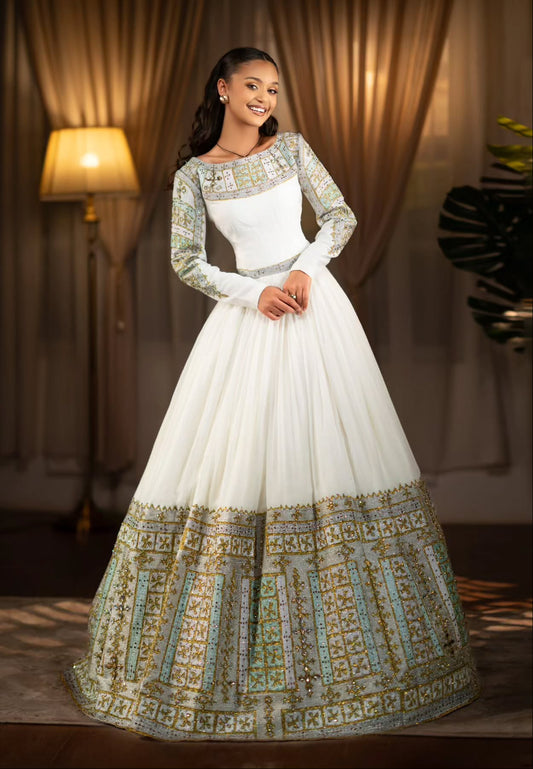 Elegant Long Sleeve Habesha Dress | Ethiopian Wedding Style