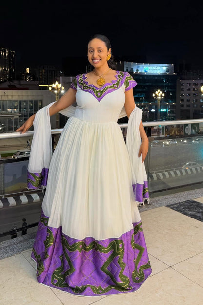 Short Sleeve Habesha Dress Purple Woven Elegant Habesha Kemis