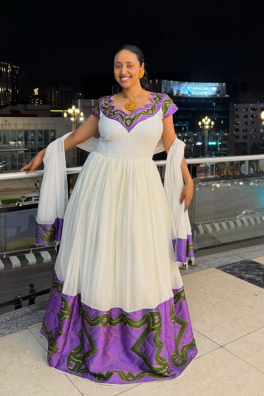 Short Sleeve Habesha Dress Purple Woven Elegant Habesha Kemis