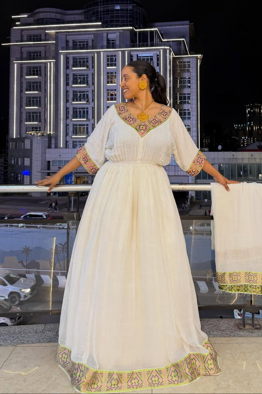 Pink and Green Habesha Dress | Elegant Traditional Ethiopian Style