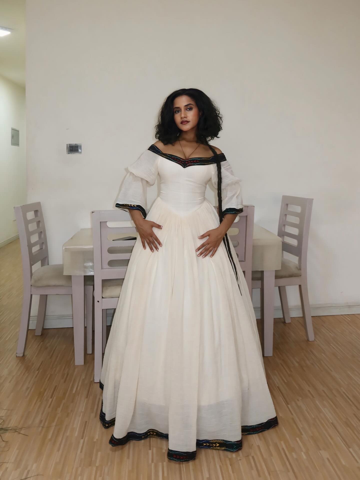 Off-Shoulder Habesha Dress Multicolor Woven Design Habesha Kemis Stylish Ethiopian Clothing 677