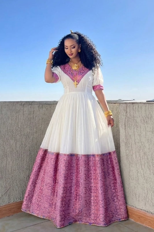 Pink Woven Ethiopian Dress Habesha Kemis Online