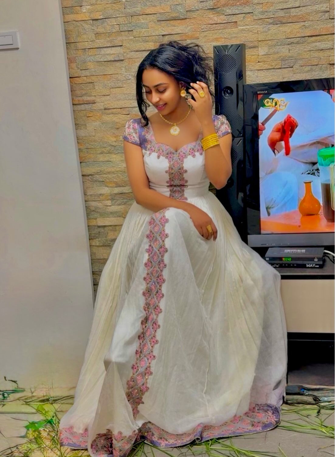 Elegant White Habesha Kemis with Soft Pink Embroidery Timeless Ethiopian Traditional Dress