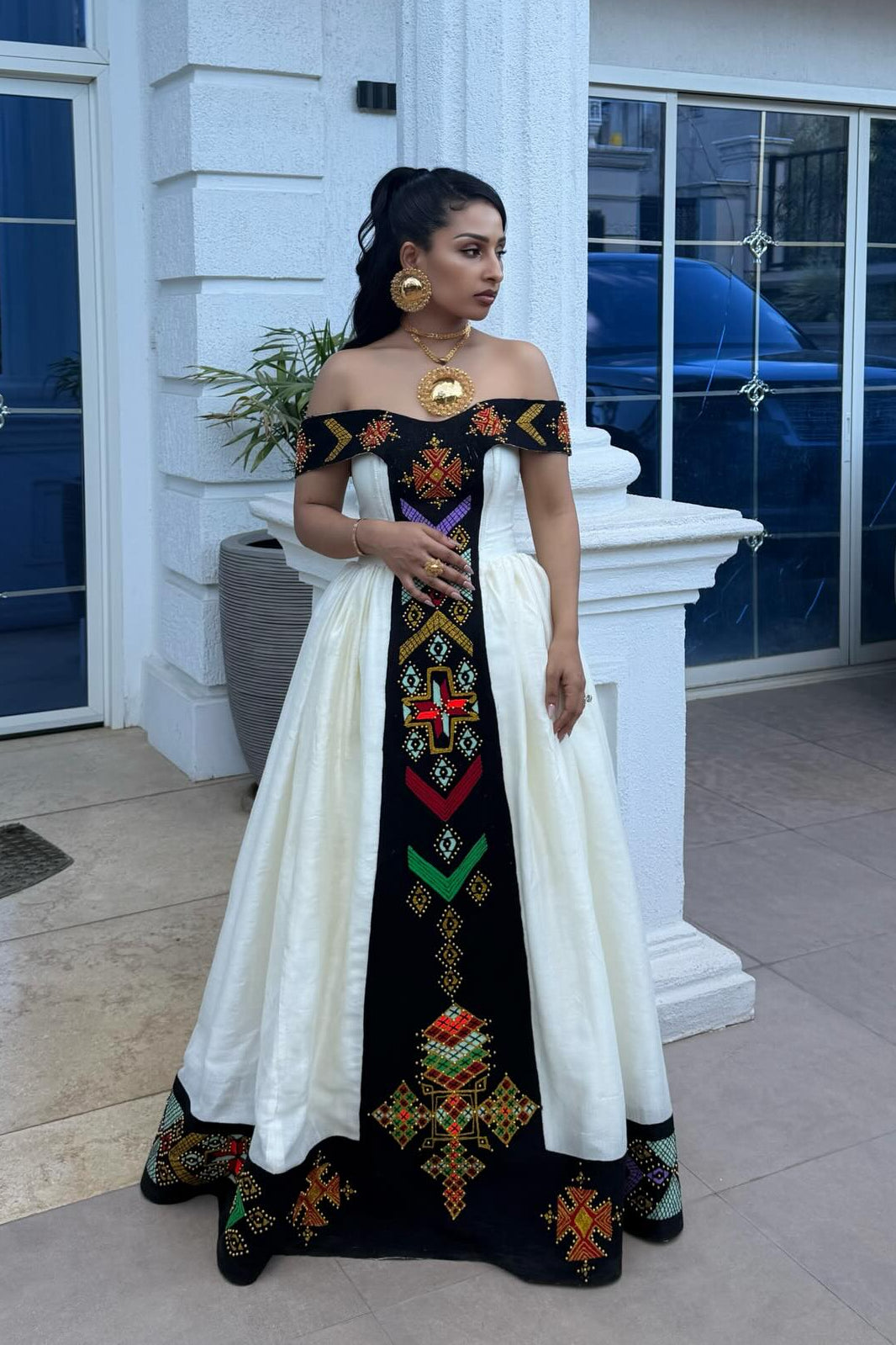 Off Shoulder Habesha Dress with Embroidery | Ethiopian Traditional Dress