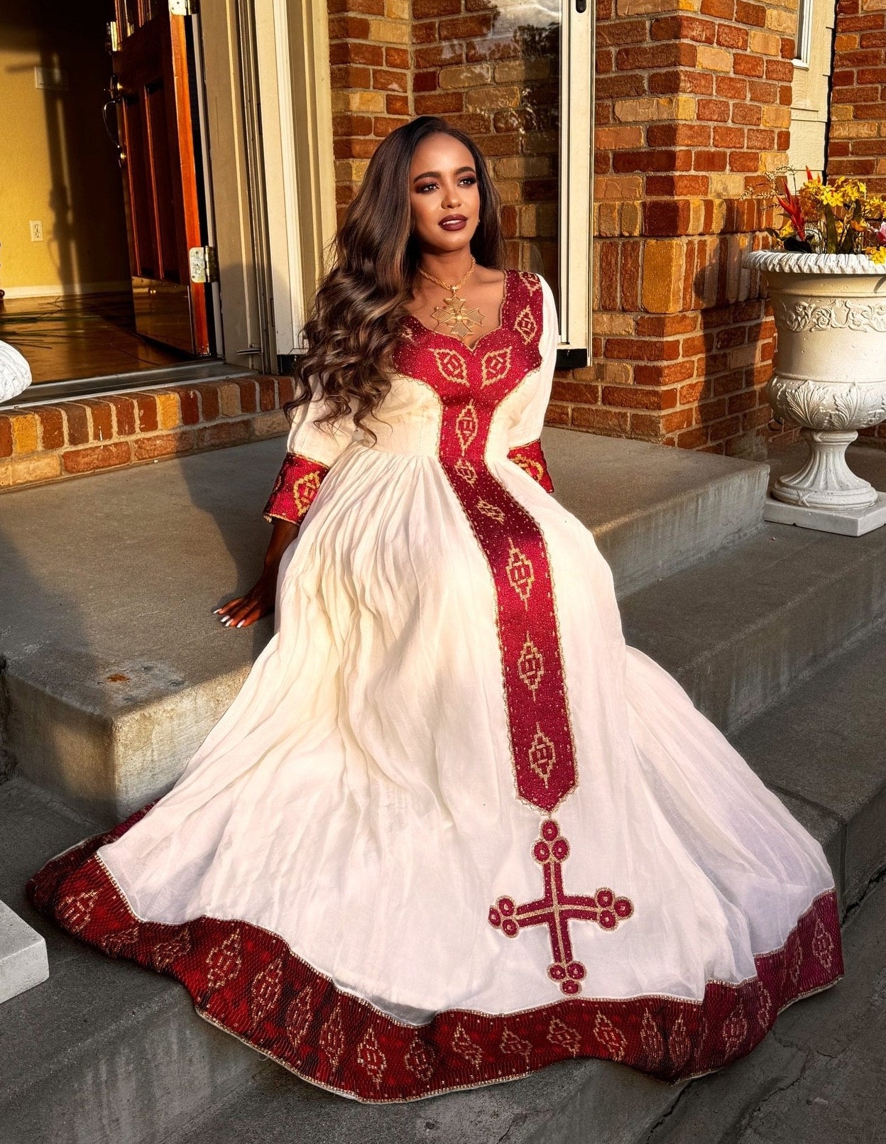 Red Embroidery Habesha Kemis Stylish Ethiopian Clothing