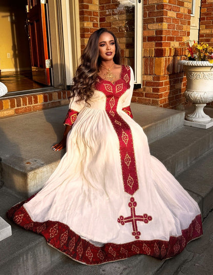 Red Embroidery Habesha Kemis Stylish Ethiopian Clothing