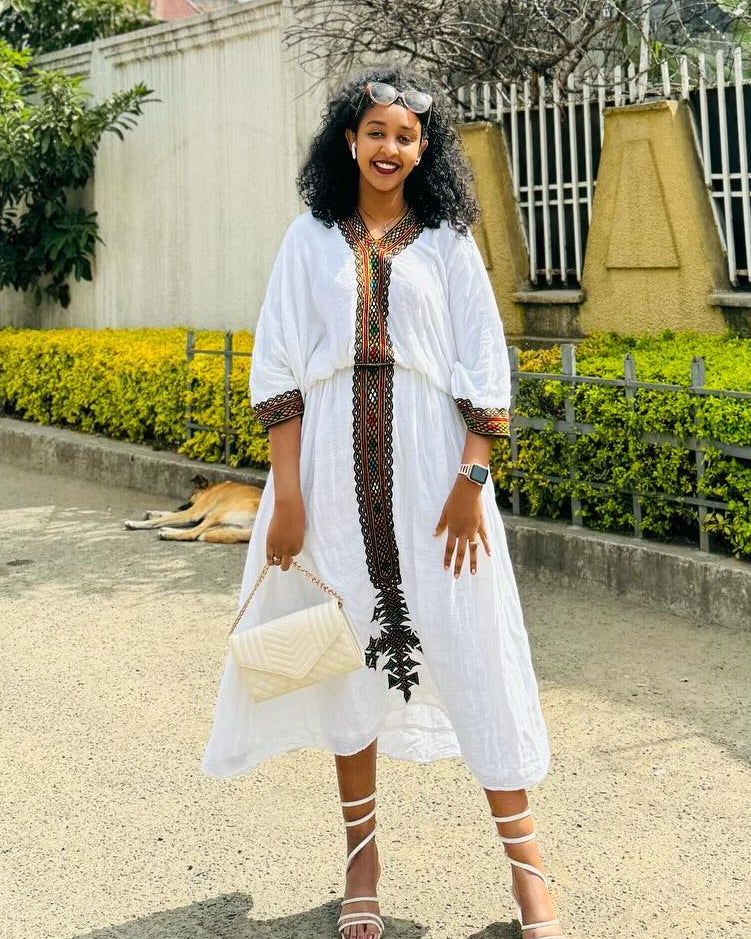 White Habesha Dress Black Embroidered Ethiopian Kemis Casual Traditional Wear XXL