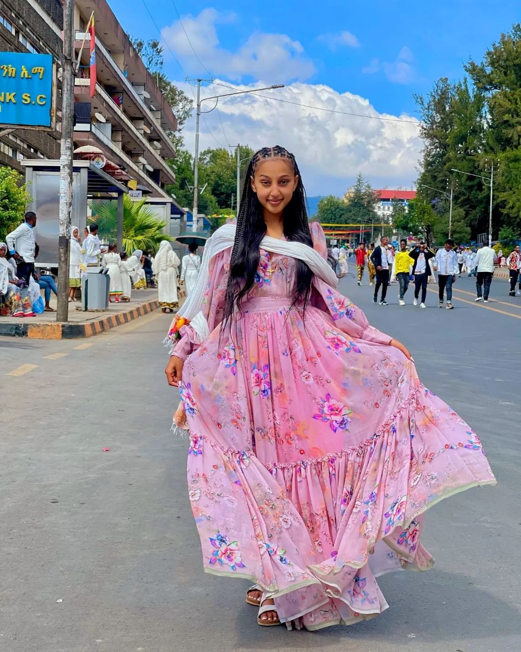 Adorable Sweet Pink Ethiopian Chiffon Dress: with Colorful Patterns Habesha Chiffon