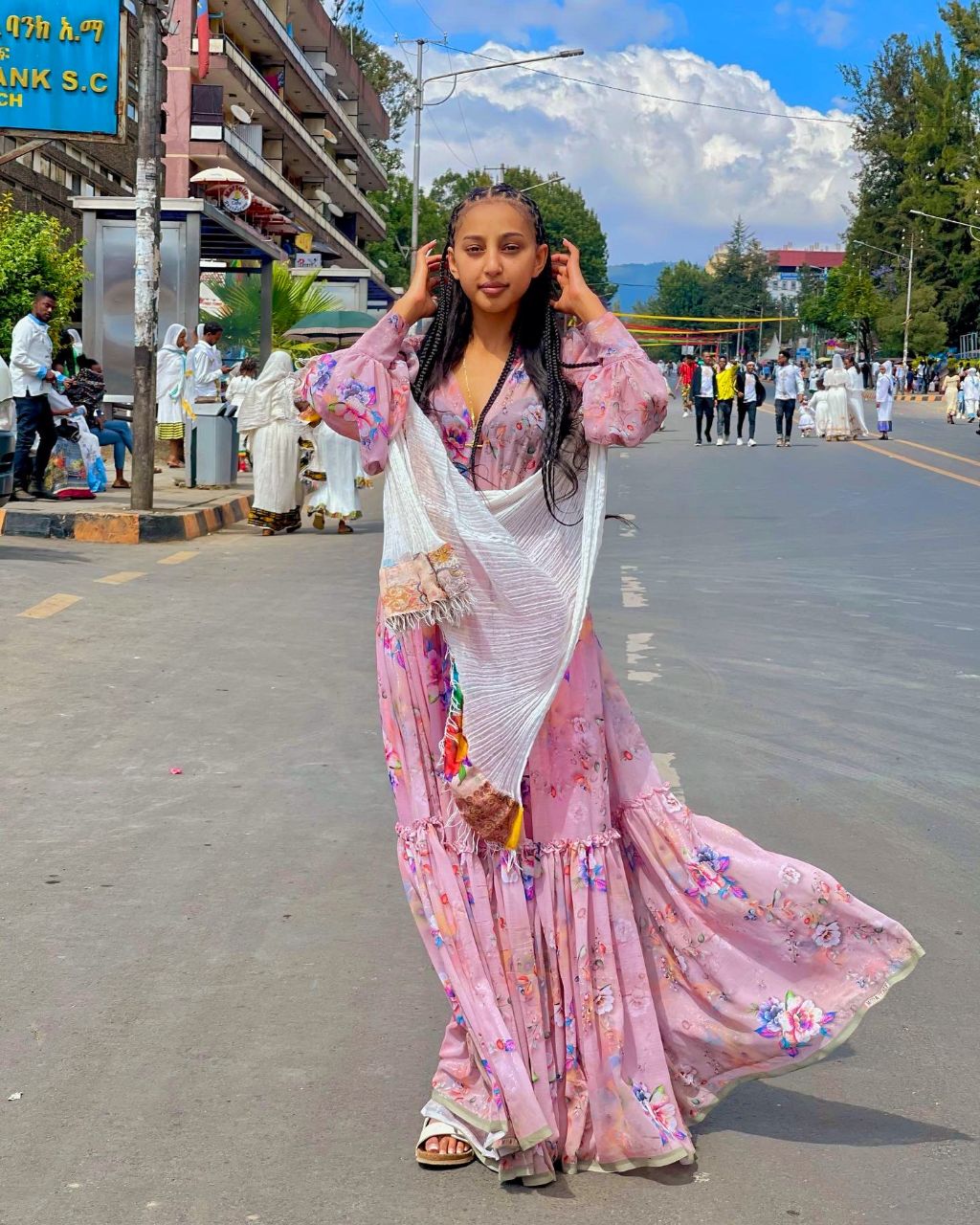 Adorable Sweet Pink Ethiopian Chiffon Dress: with Colorful Patterns Habesha Chiffon