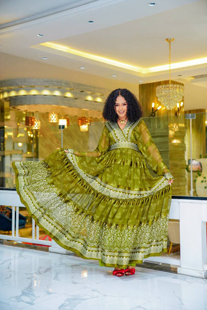 Olive Green Modern Design Habesha Chiffon: with Eye Catching Patterns Ethiopian Made Chiffon Dress