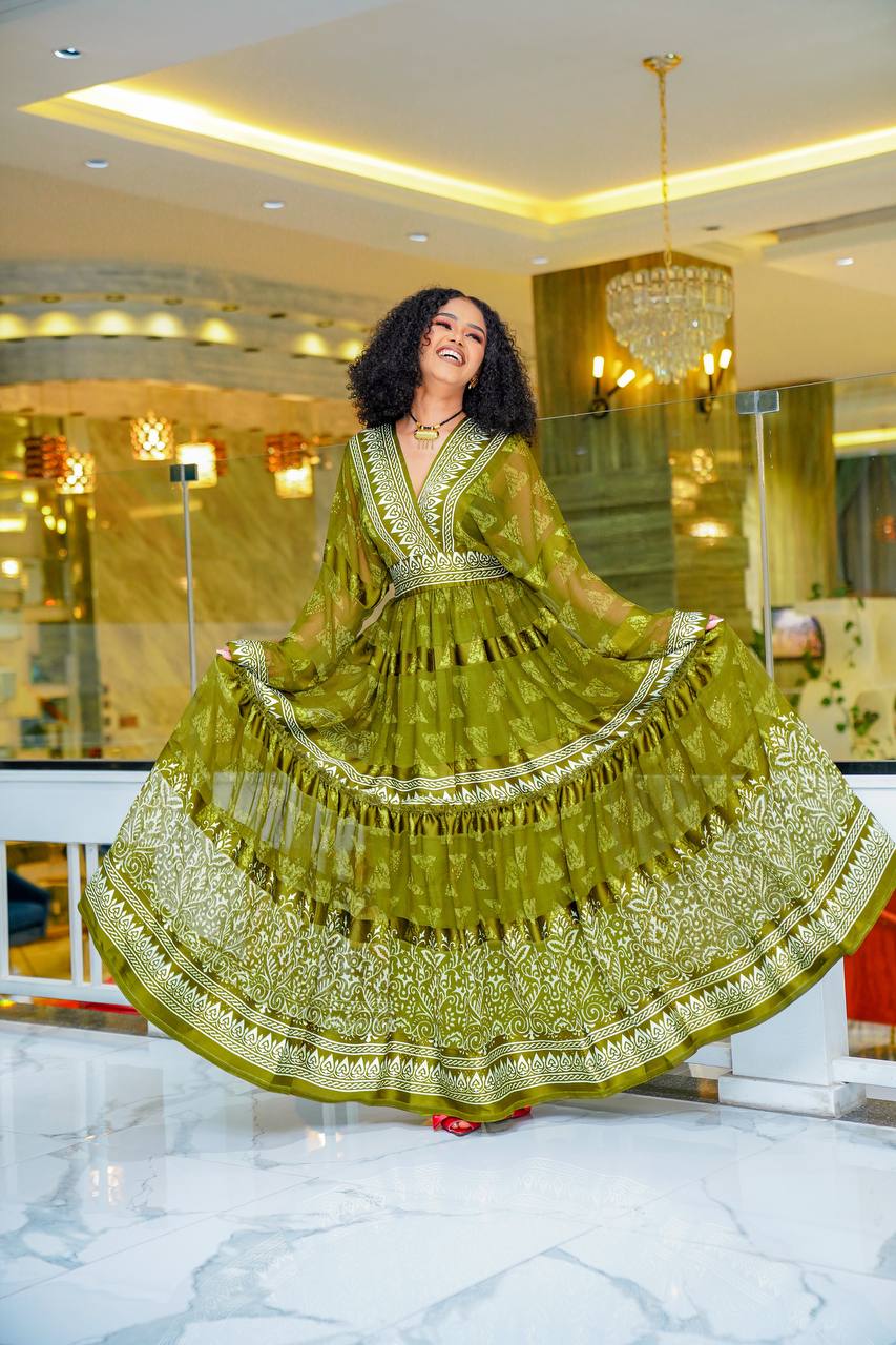 Olive Green Modern Design Habesha Chiffon