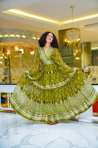 Olive Green Modern Design Habesha Chiffon