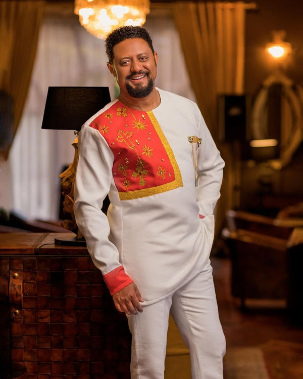 Golden Threads of Tradition: Simple Red Habesha Men's Shirt Includes Pants
