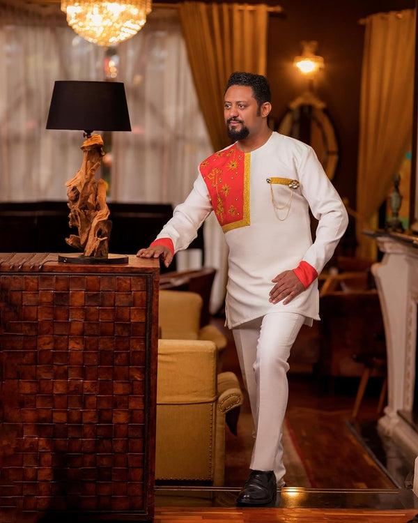 Golden Threads of Tradition: Simple Red Habesha Men's Shirt Includes Pants