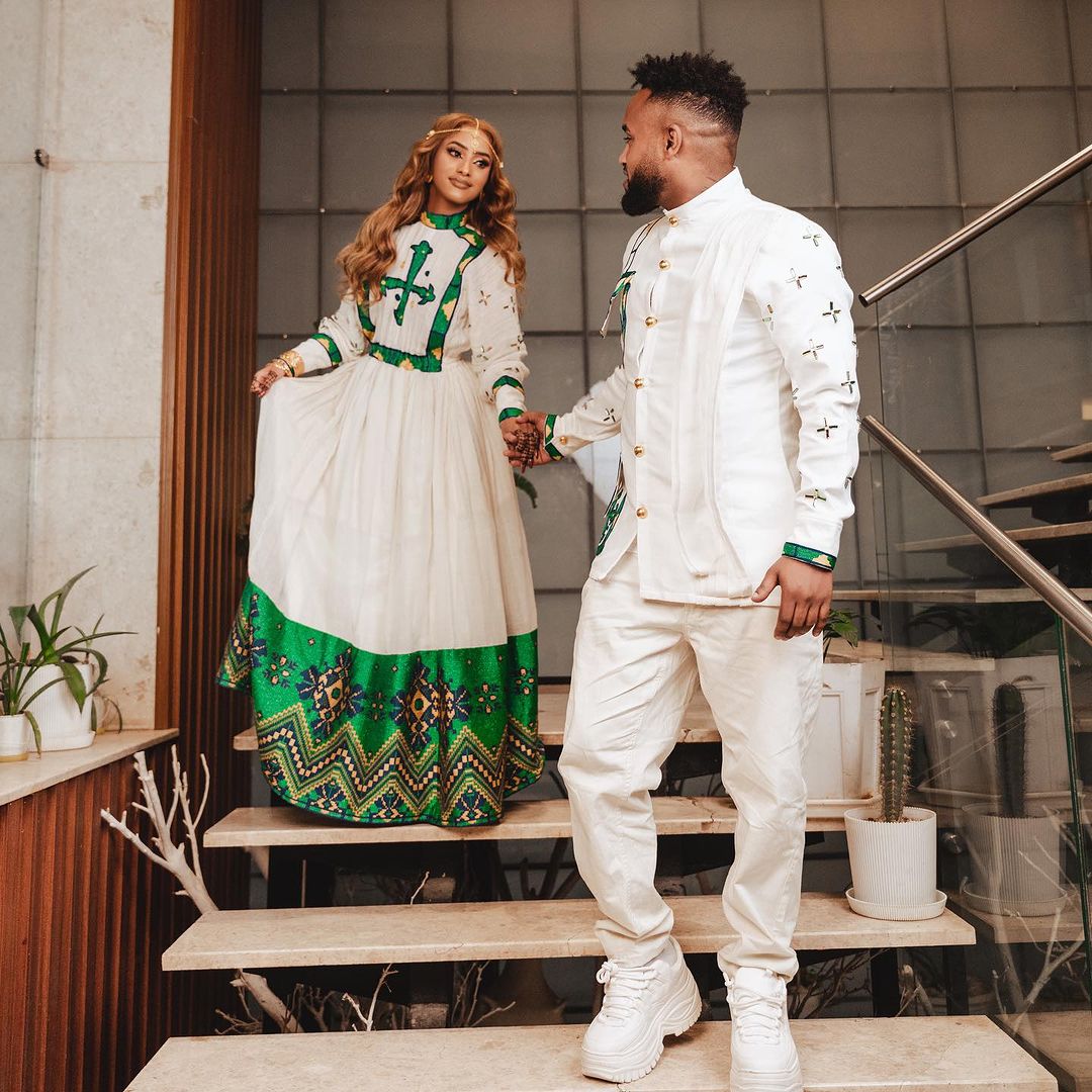 Harmony in Green: Ethiopian cultural bliss with habesha couples' outfit