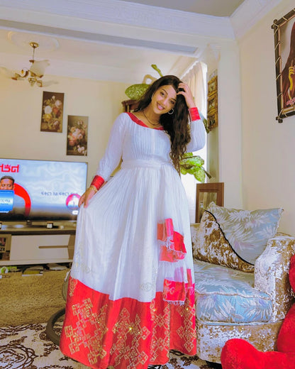 Regal radiance menen fabric habesha dress with golden cross details habesha kemis