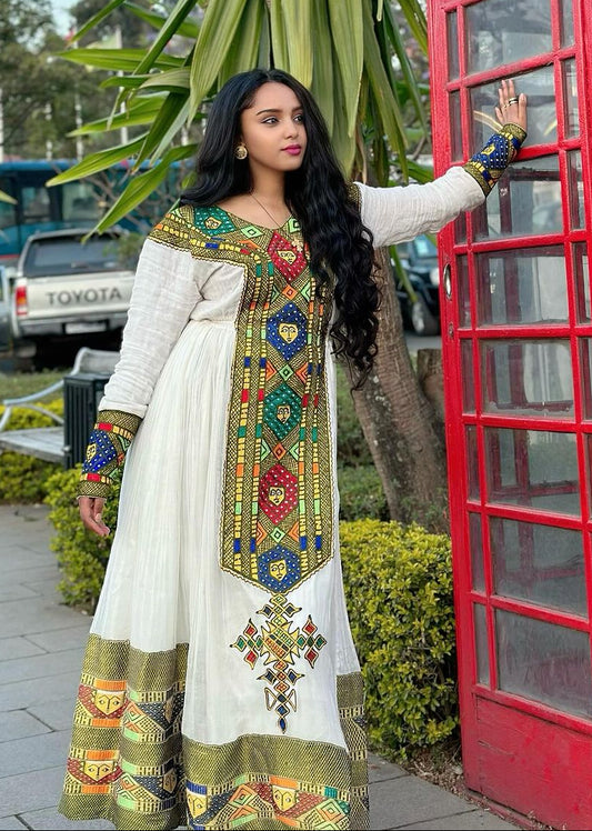 Verdant elegance habesha dress in menen fabric detailed pattern habesha dress