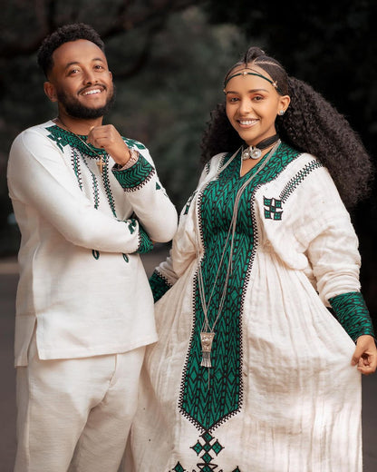 Green fetil harmony habesha couples' cultural ensemble habesha couple's outfit