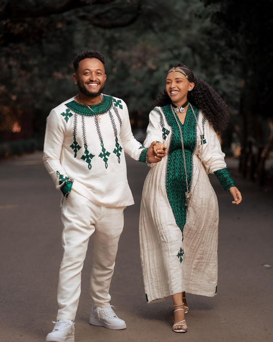 Green fetil harmony habesha couples' cultural ensemble habesha couple's outfit