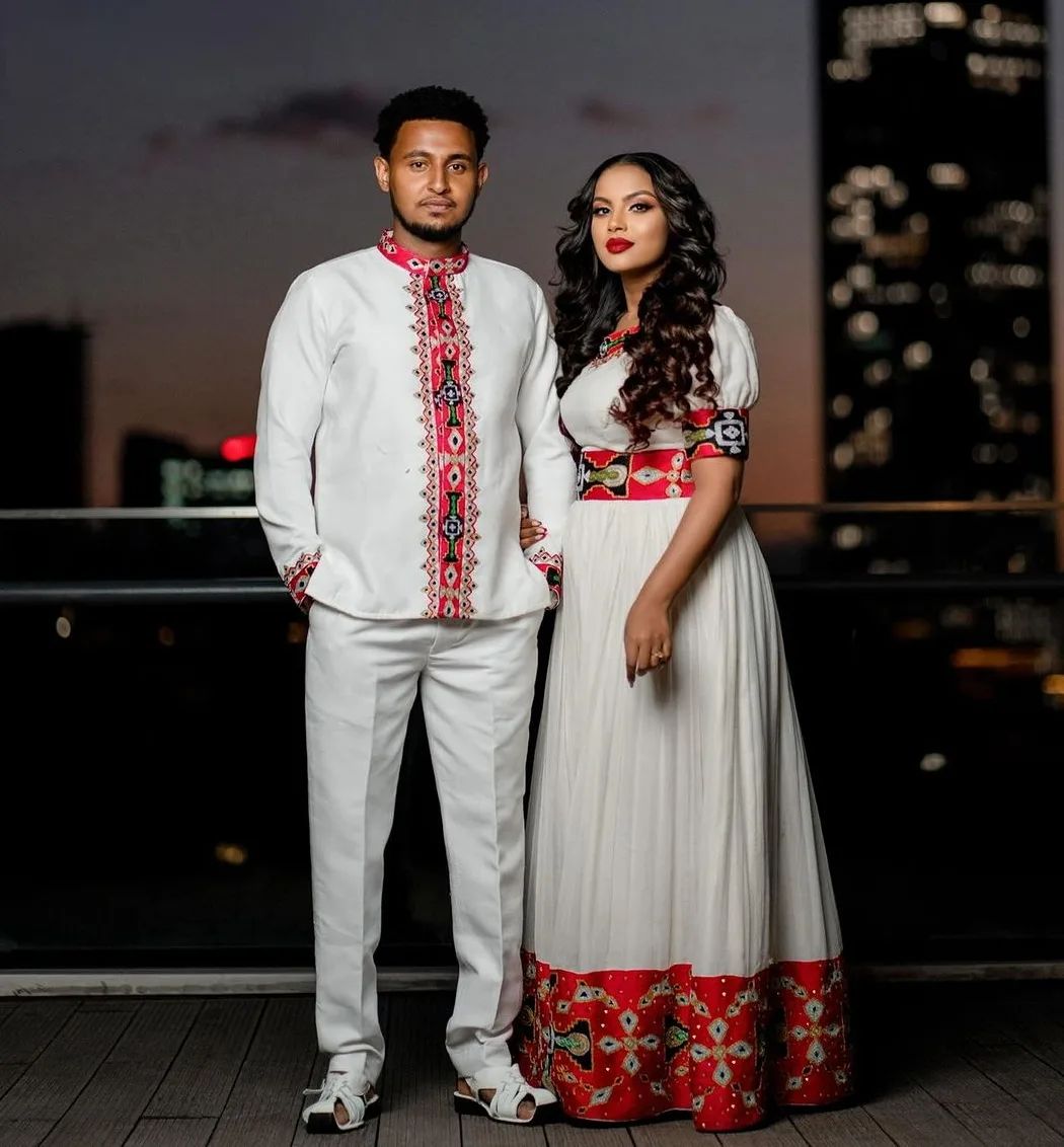 Contemporary Elegance: Habesha Couples' Ensemble in Menen and Pisi Fabrics